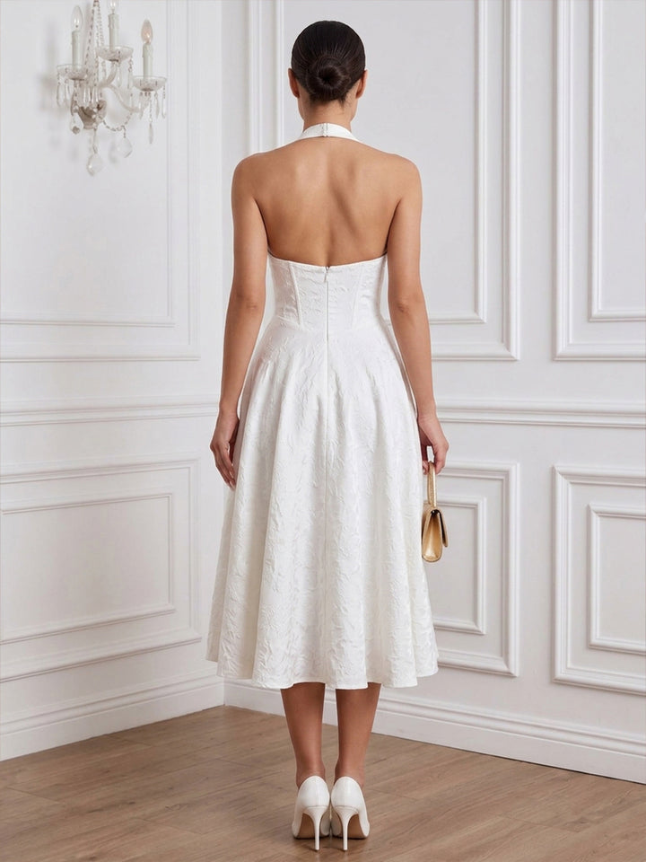 Satin Jacquard A Line Halter Tea Length Deep V Halter Cocktail Dresses