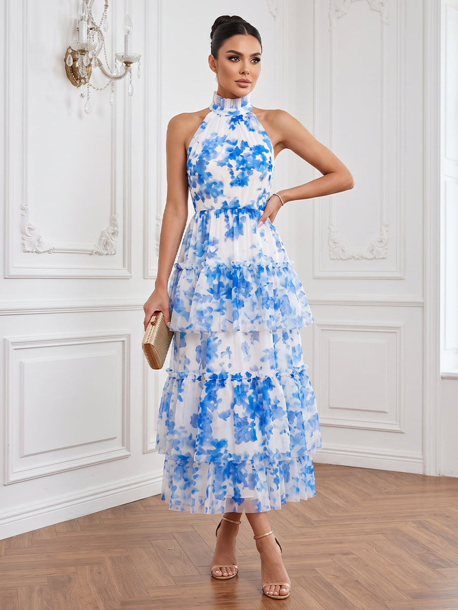 Chiffon A Line Halter Tea Length Floral Print Cocktail Dresses