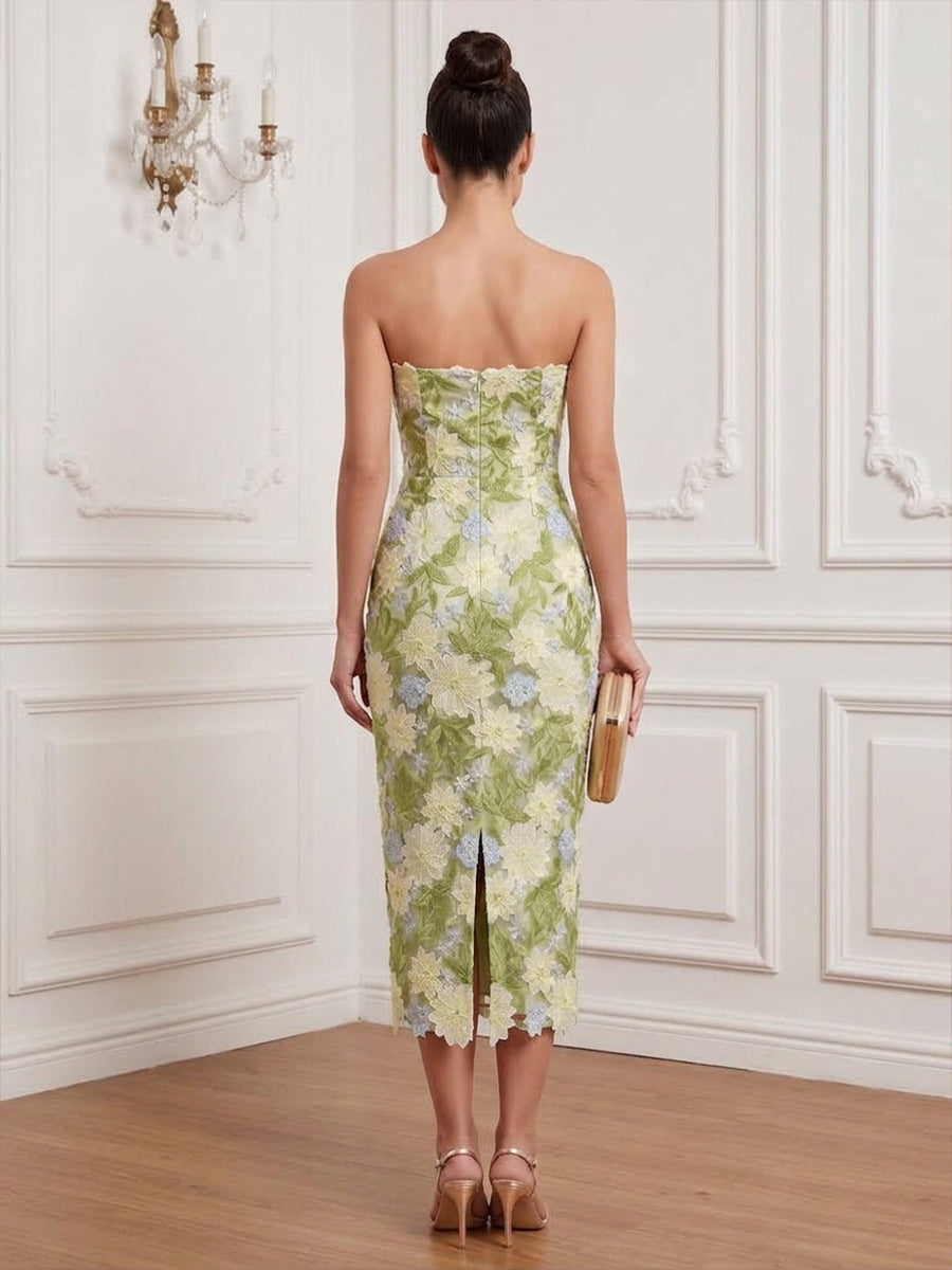 Tulle Sheath Strapless Tea Length Floral Embroidery Cocktail Dresses