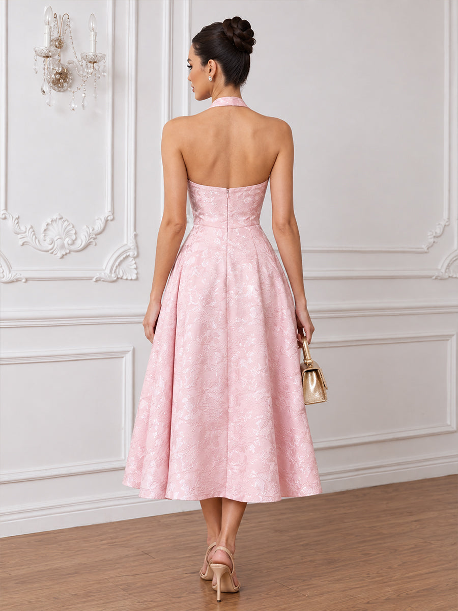 Satin Jacquard A Line Halter Tea Length Corset Cocktail Dresses