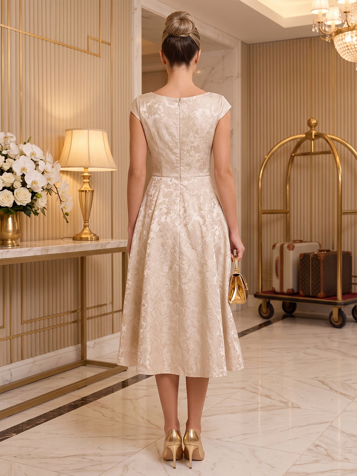 Satin Jacquard A Line Scoop Neck Tea Length Floral Cocktail Dresses