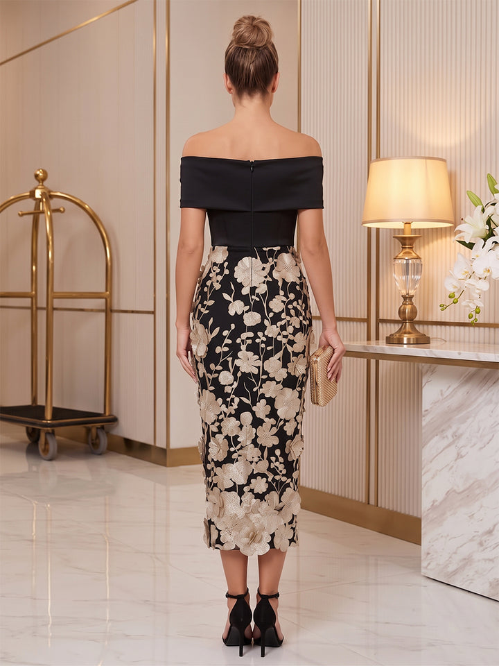 Tulle Sheath Off the Shoulder Tea Length Twist Knot Cocktail Dresses