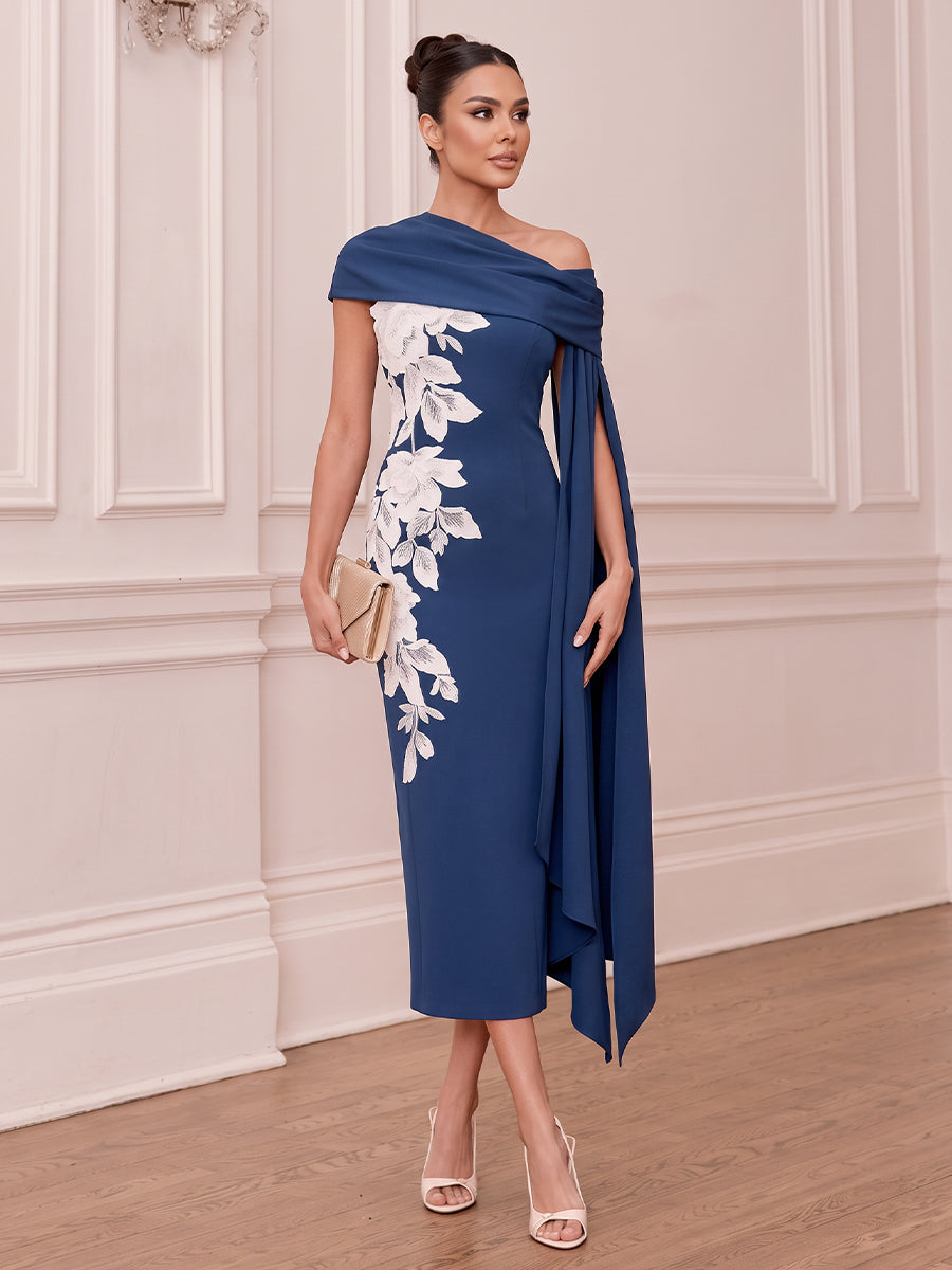 Satin Sheath One Shoulder Tea Length Floral Embroidery Cocktail Dresses