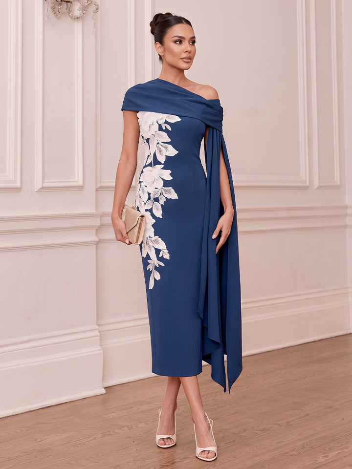 Satin Sheath One Shoulder Tea Length Floral Embroidery Cocktail Dresses