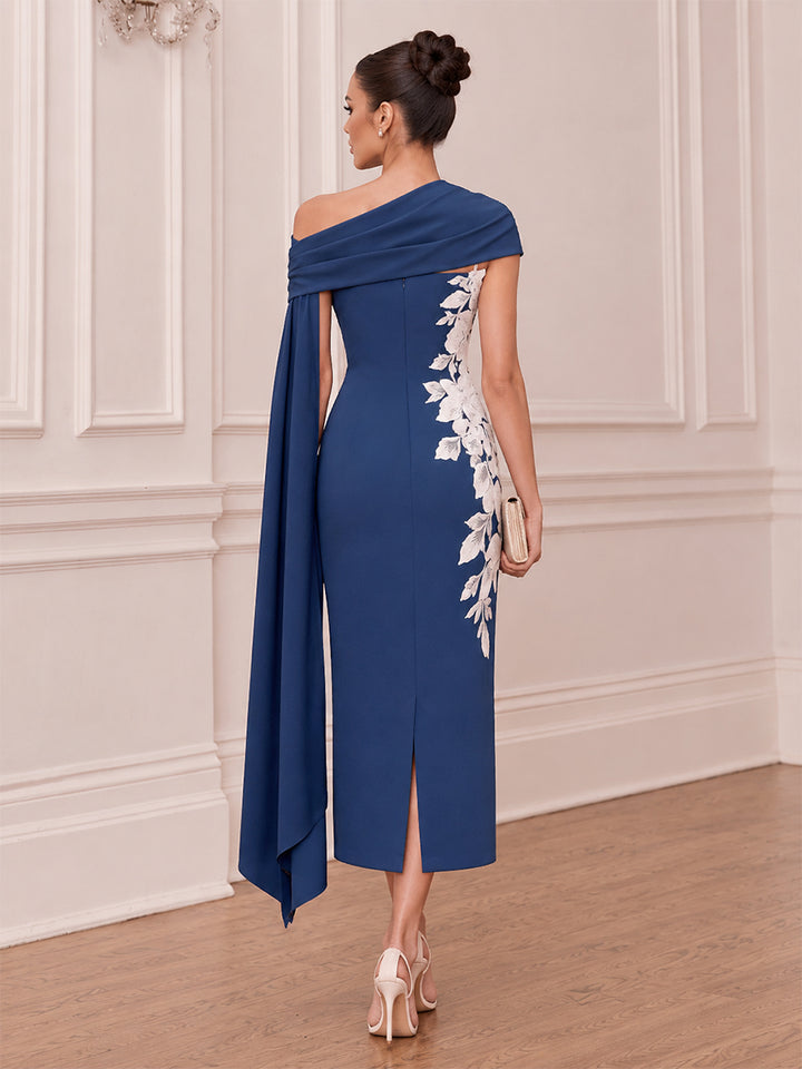 Satin Sheath One Shoulder Tea Length Floral Embroidery Cocktail Dresses