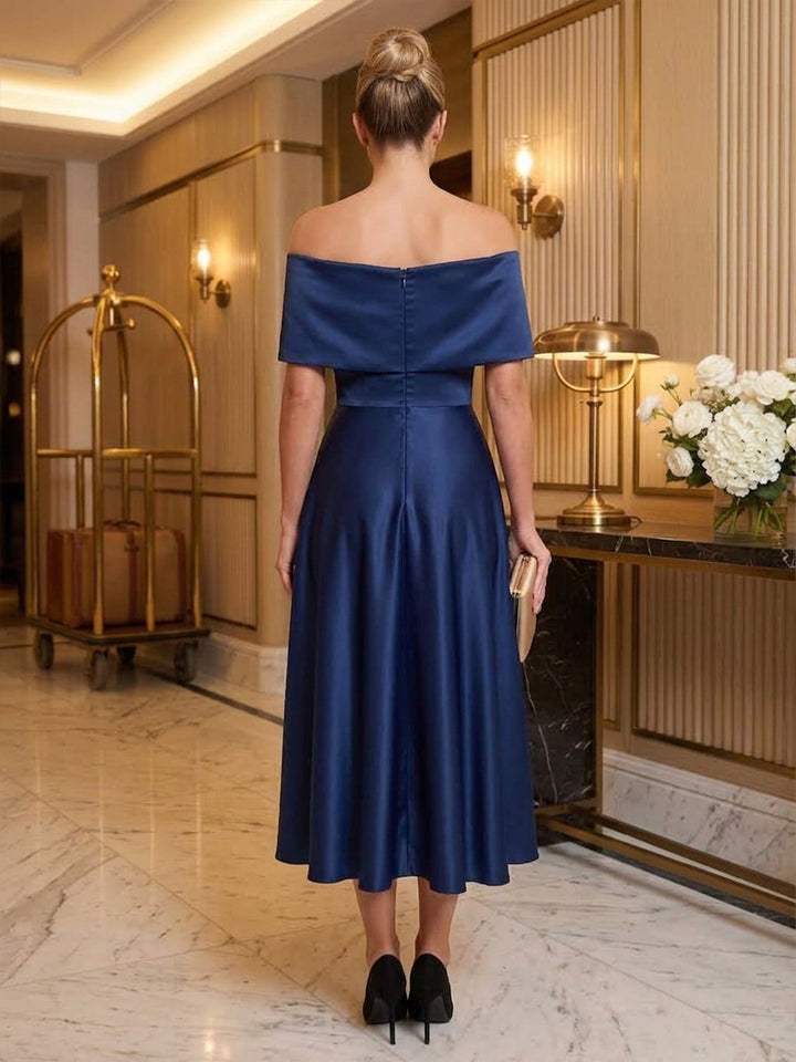 Satin A Line Off the Shoulder Tea Length Twist Bodice Cocktail Dresses