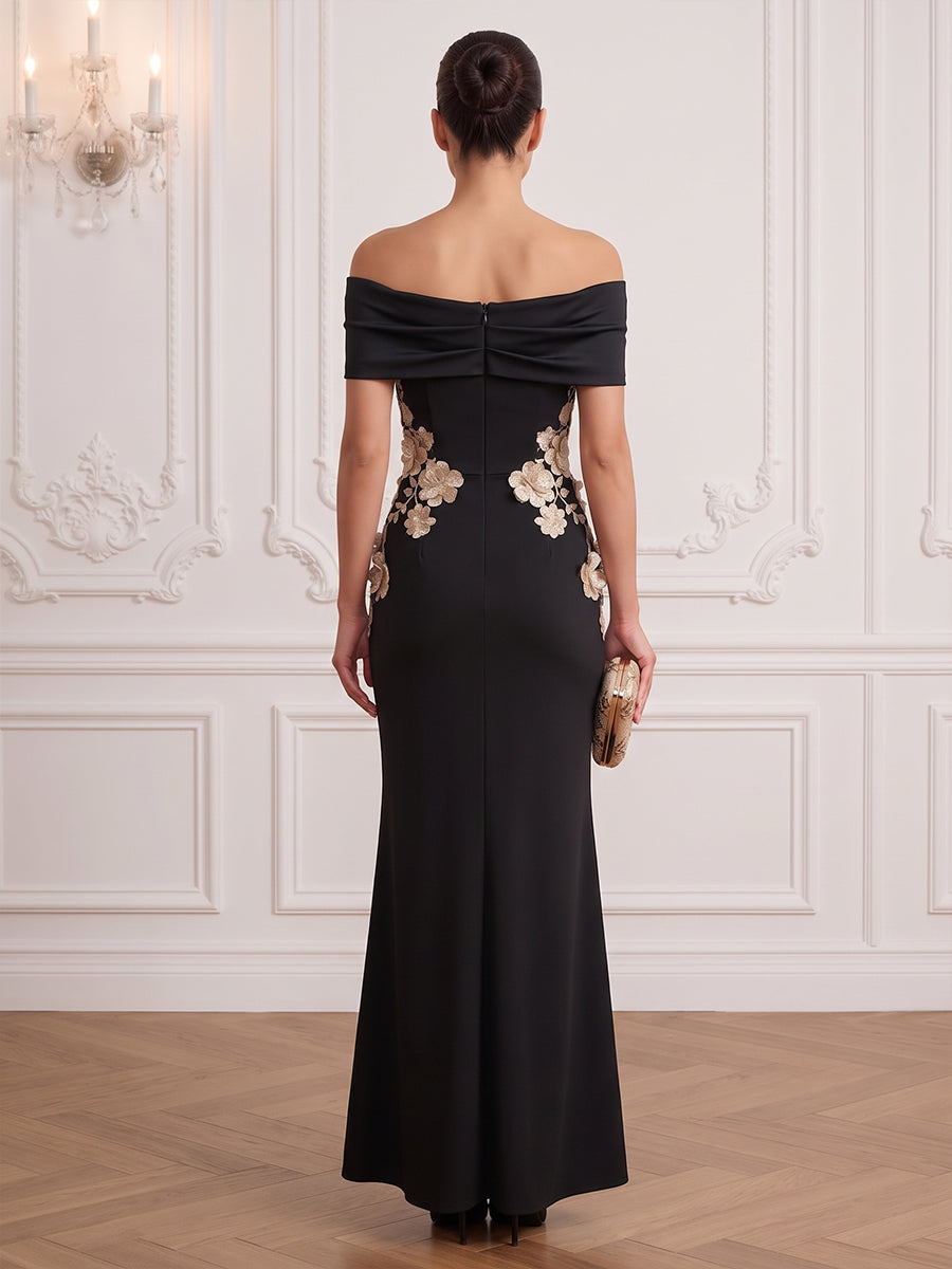 Satin Sheath Off the Shoulder Ankle Length Floral Embroidery Cocktail Dresses