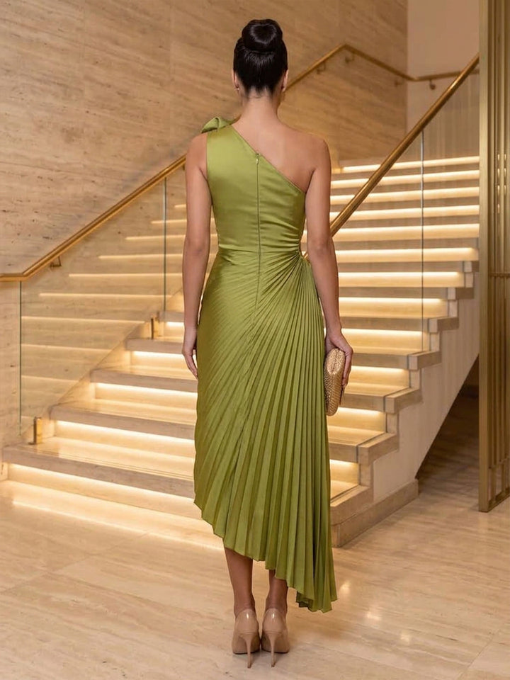 Satin Sheath One Shoulder Tea Length Cut Out Cocktail Dresses