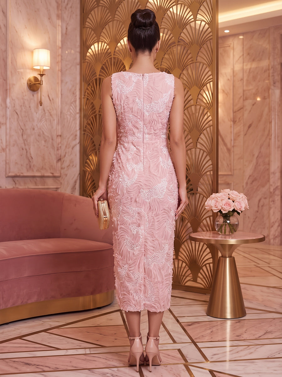 Satin Jacquard Sheath Jewel Neck Tea Length Floral Cocktail Dresses