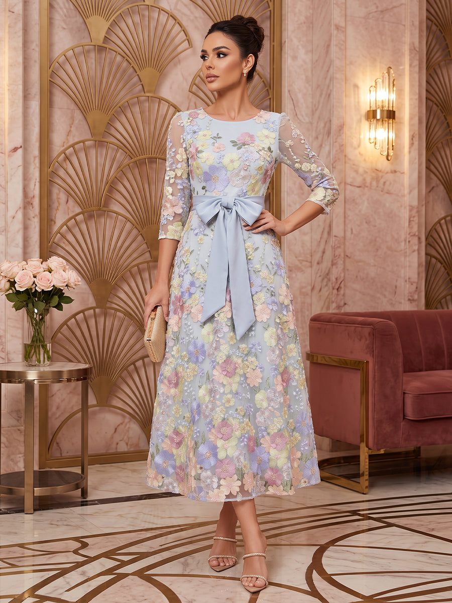 Tulle A Line Scoop Neck Tea Length Floral Embroidery Cocktail Dresses