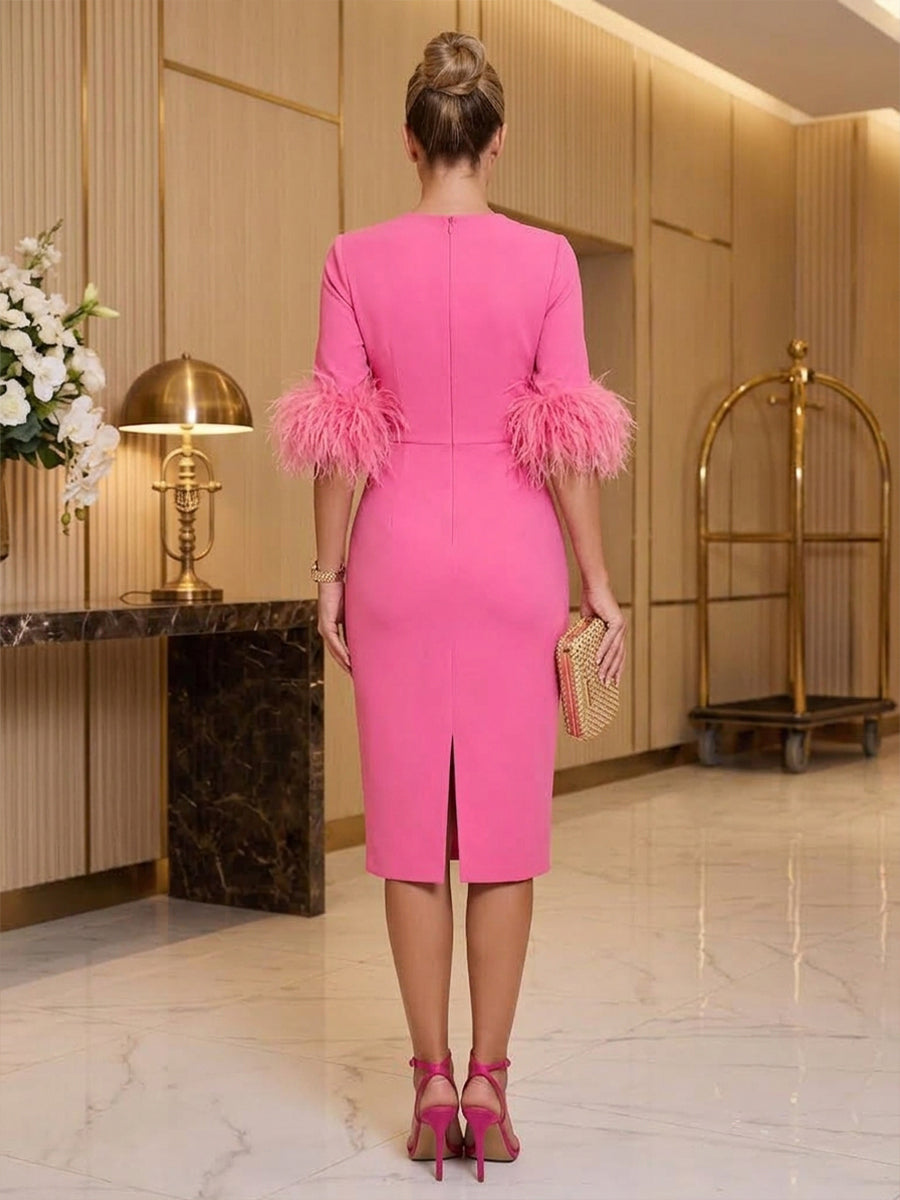Satin Sheath Round Neck Tea Length Feather Cocktail Dresses