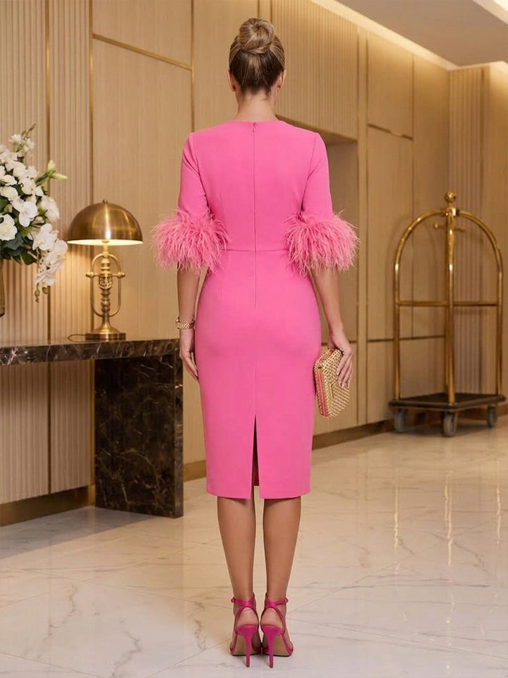 Satin Sheath Round Neck Tea Length Feather Cocktail Dresses