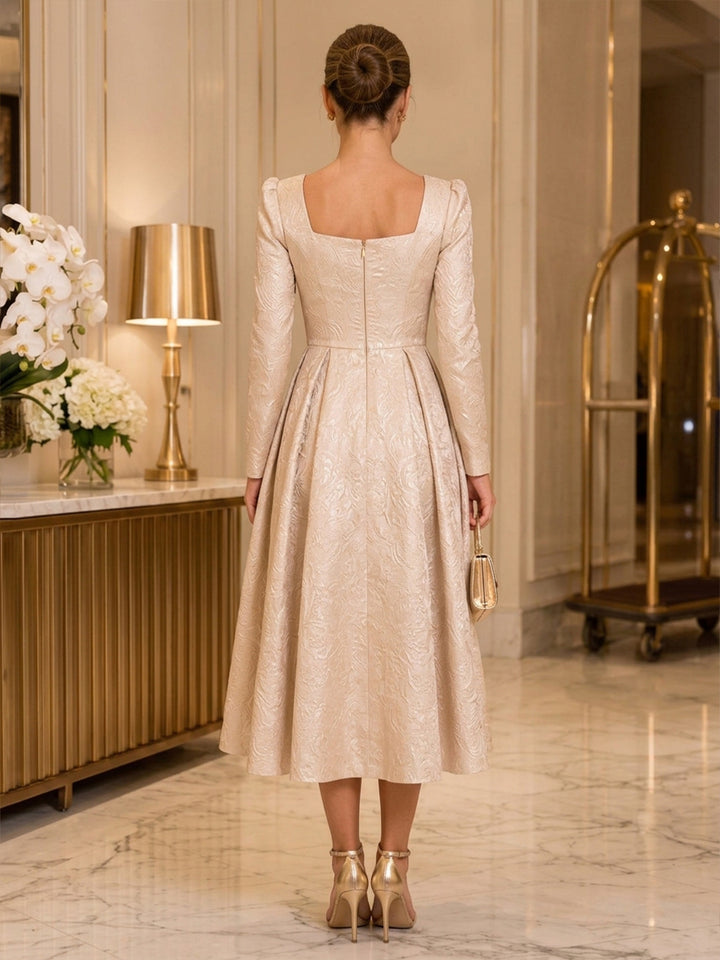 Satin Jacquard A Line Square Neck Tea Length Floral Cocktail Dresses