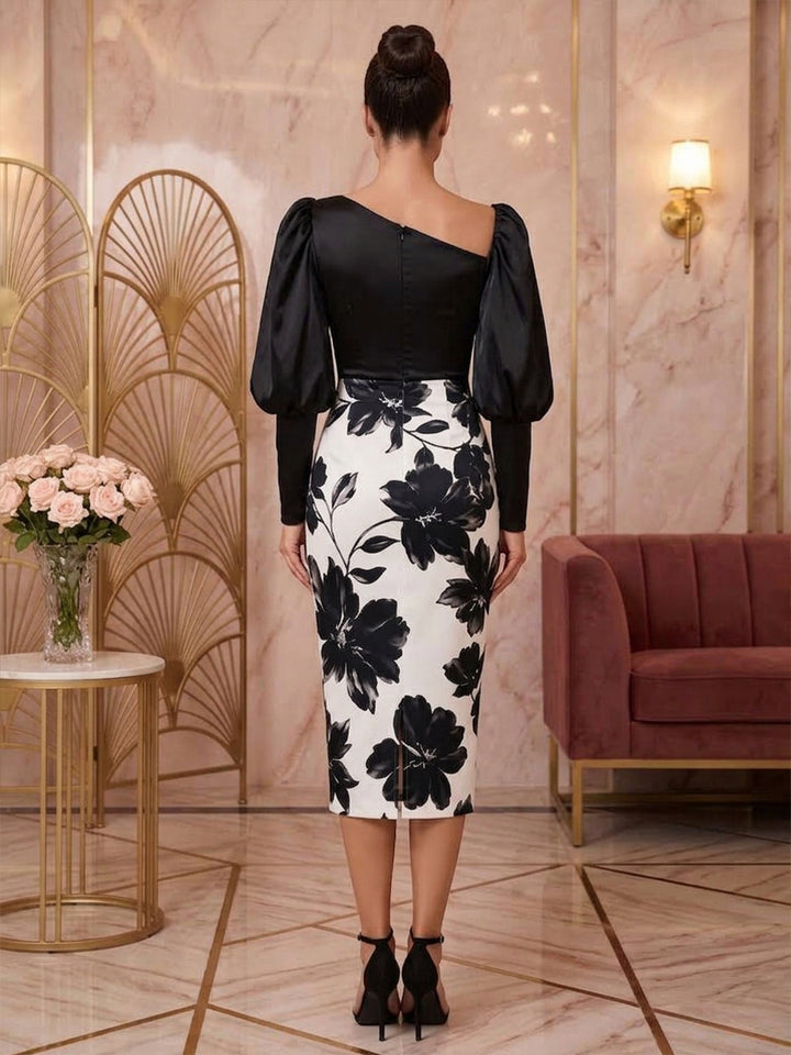 Satin Sheath Asymmetric Neck Tea Length Puff Sleeve Cocktail Dresses