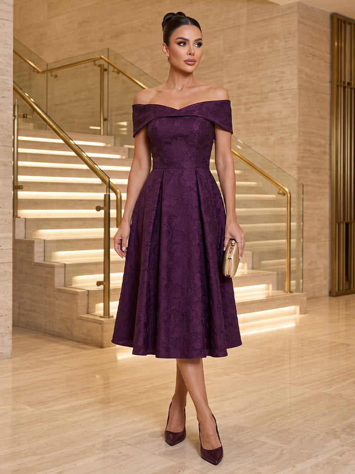 Satin Jacquard A Line Off the Shoulder Tea Length Floral Cocktail Dresses