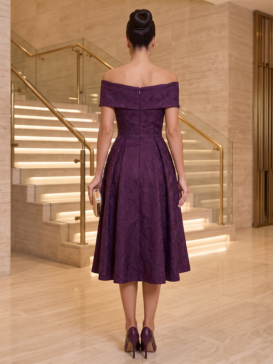Satin Jacquard A Line Off the Shoulder Tea Length Floral Cocktail Dresses