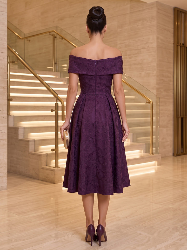 Satin Jacquard A Line Off the Shoulder Tea Length Floral Cocktail Dresses