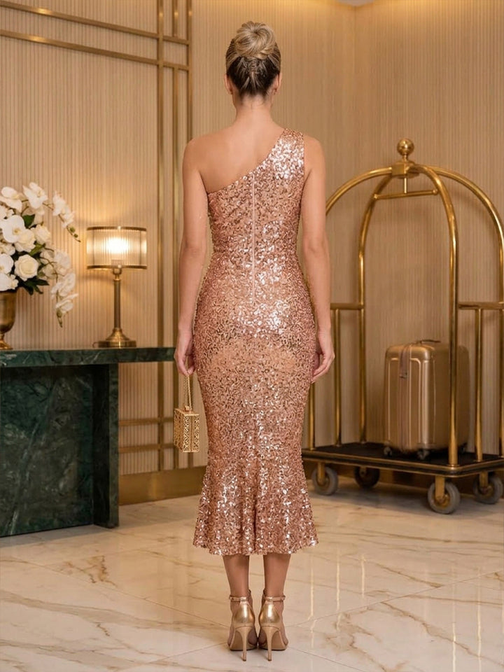 Sequin Sheath One Shoulder Tea Length Ruffles Cocktail Dresses