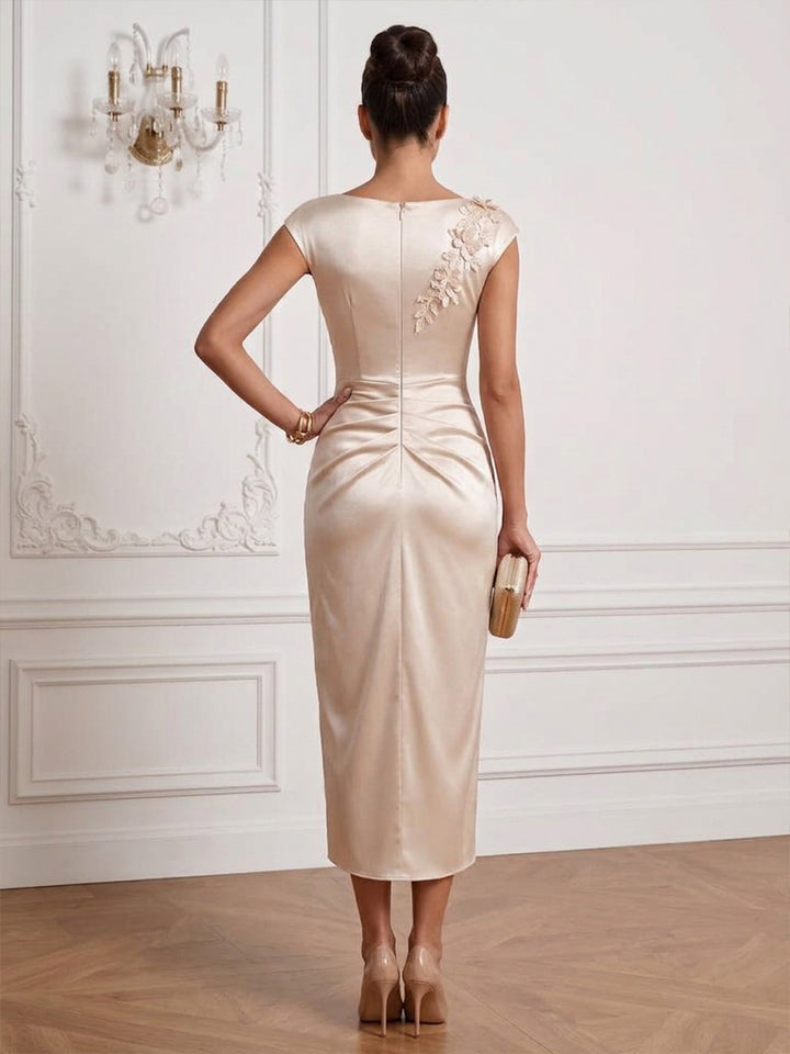 Satin Sheath Jewel Neck Tea Length High Low Cocktail Dresses