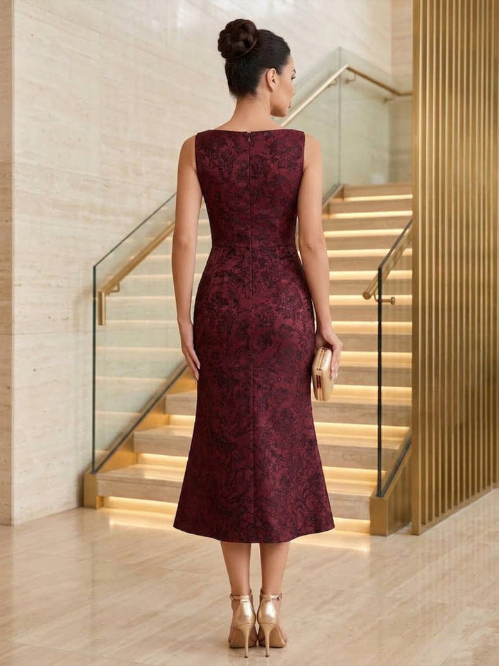 Satin Jacquard Mermaid Jewel Neck Ankle Length Floral Cocktail Dresses