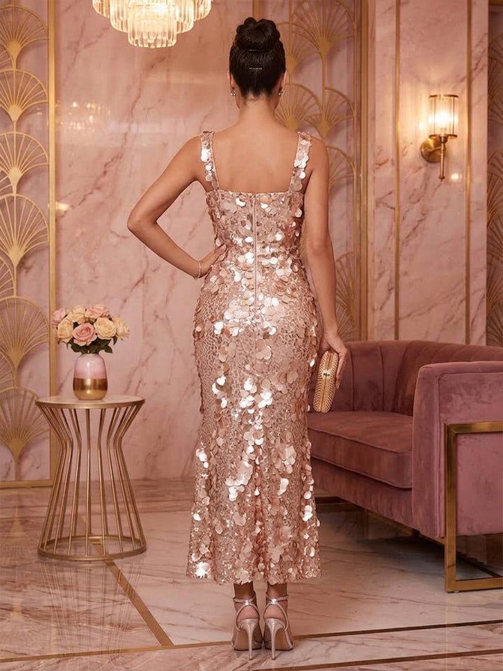 Sequin Sheath Spaghetti Straps Ankle Length Fitted Waist Cocktail Dresses