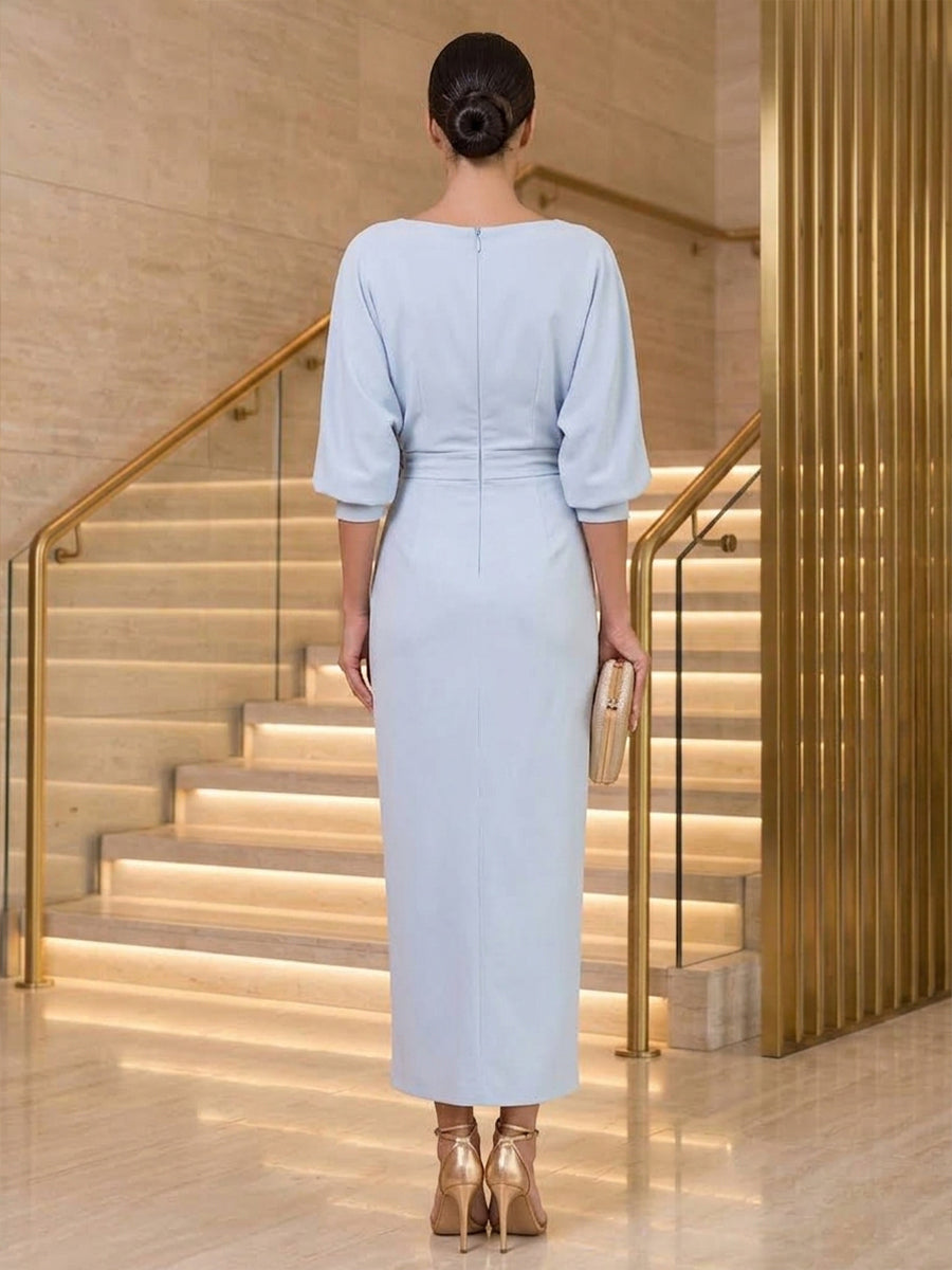 Satin Sheath Boat Neck Ankle Length Batwing Sleeve Cocktail Dresses