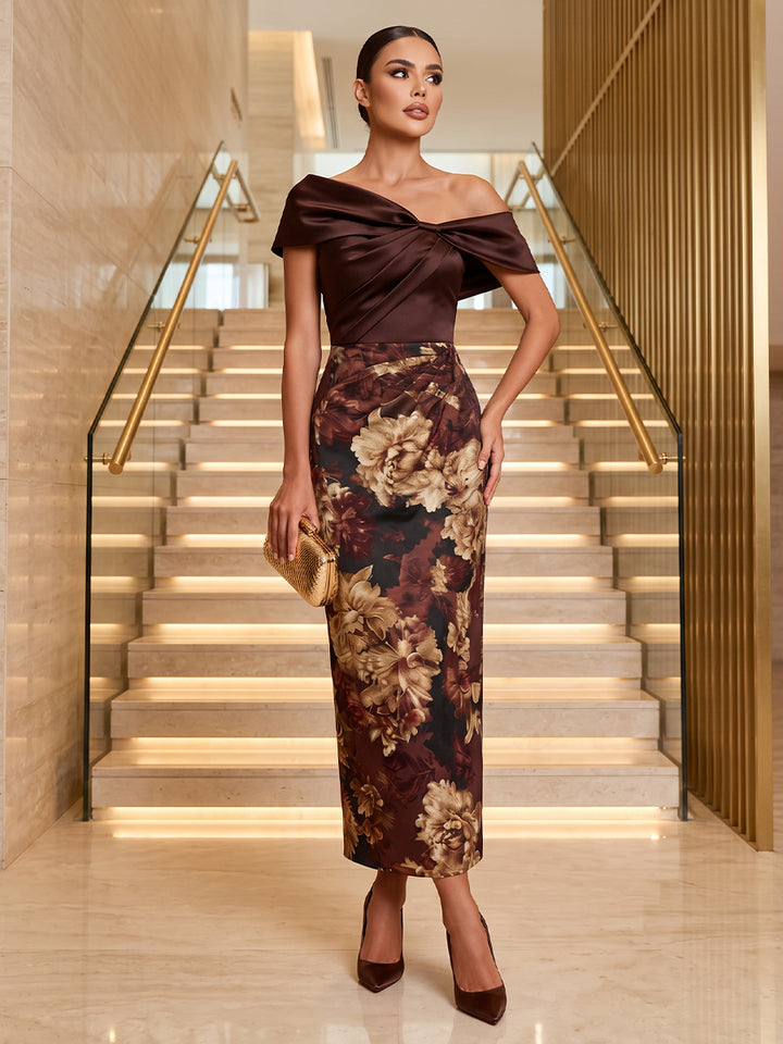 Satin Sheath Off the Shoulder Ankle Length Twisted Cocktail Dresses