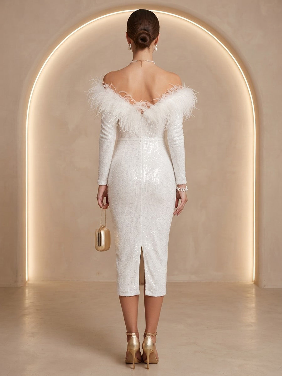 Sequin Sheath Off the Shoulder Tea Length Glitter Cocktail Dresses