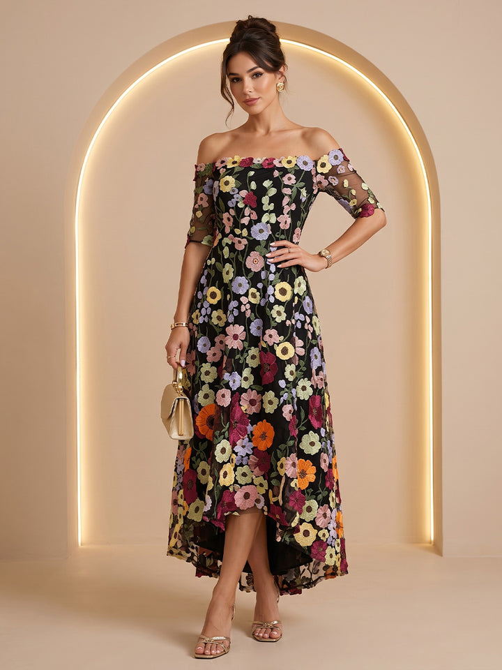 Laces A Line Off the Shoulder Ankle Length High Low Floral Cocktail Dresses