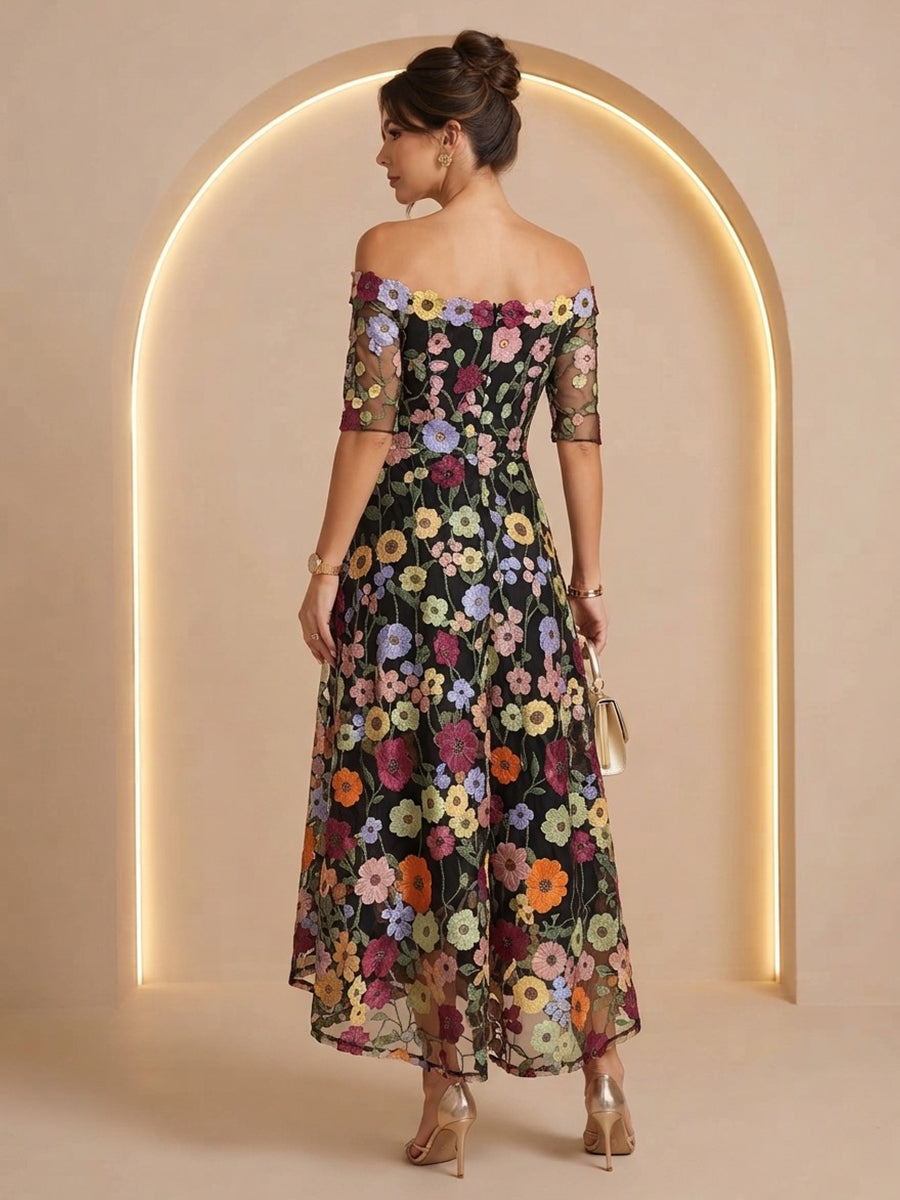 Laces A Line Off the Shoulder Ankle Length High Low Floral Cocktail Dresses