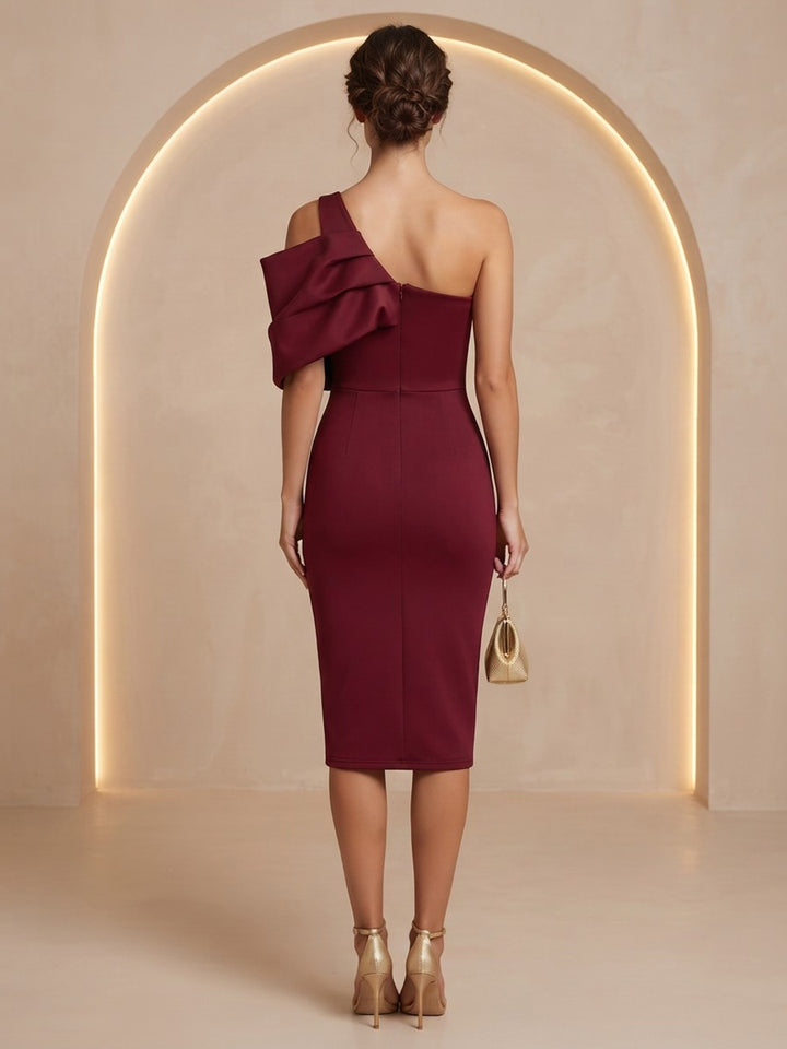 Satin Sheath One Shoulder Tea Length Simple Cocktail Dresses