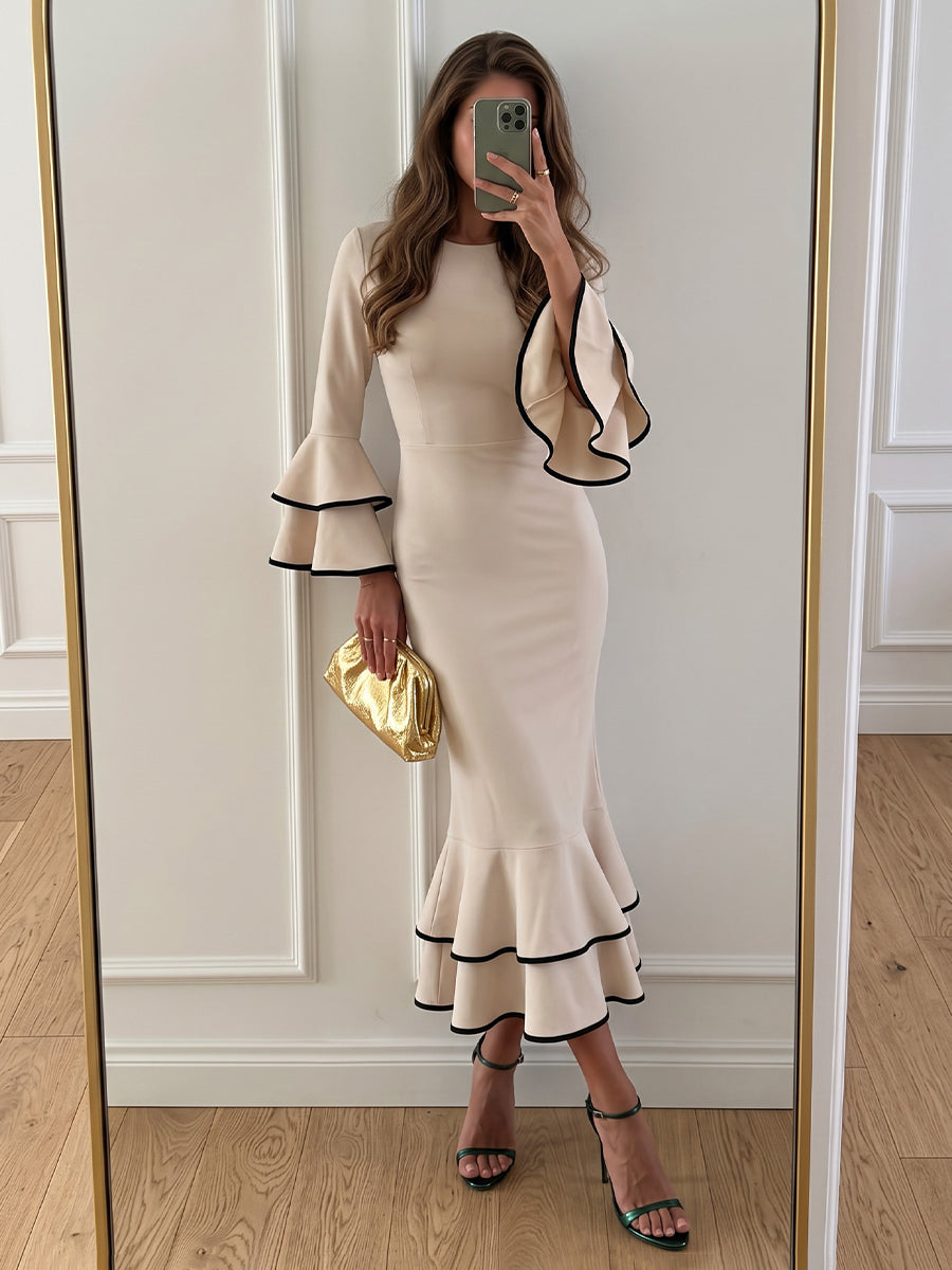 Satin Sheath Round Neck Ankle Length Tiered Cocktail Dresses
