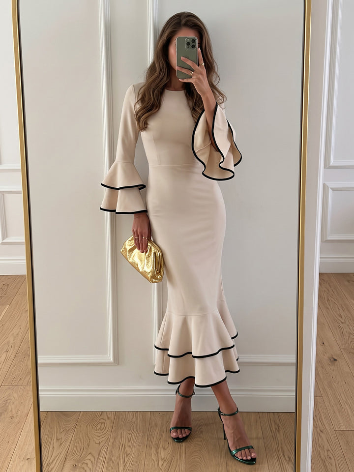 Satin Sheath Round Neck Ankle Length Tiered Cocktail Dresses