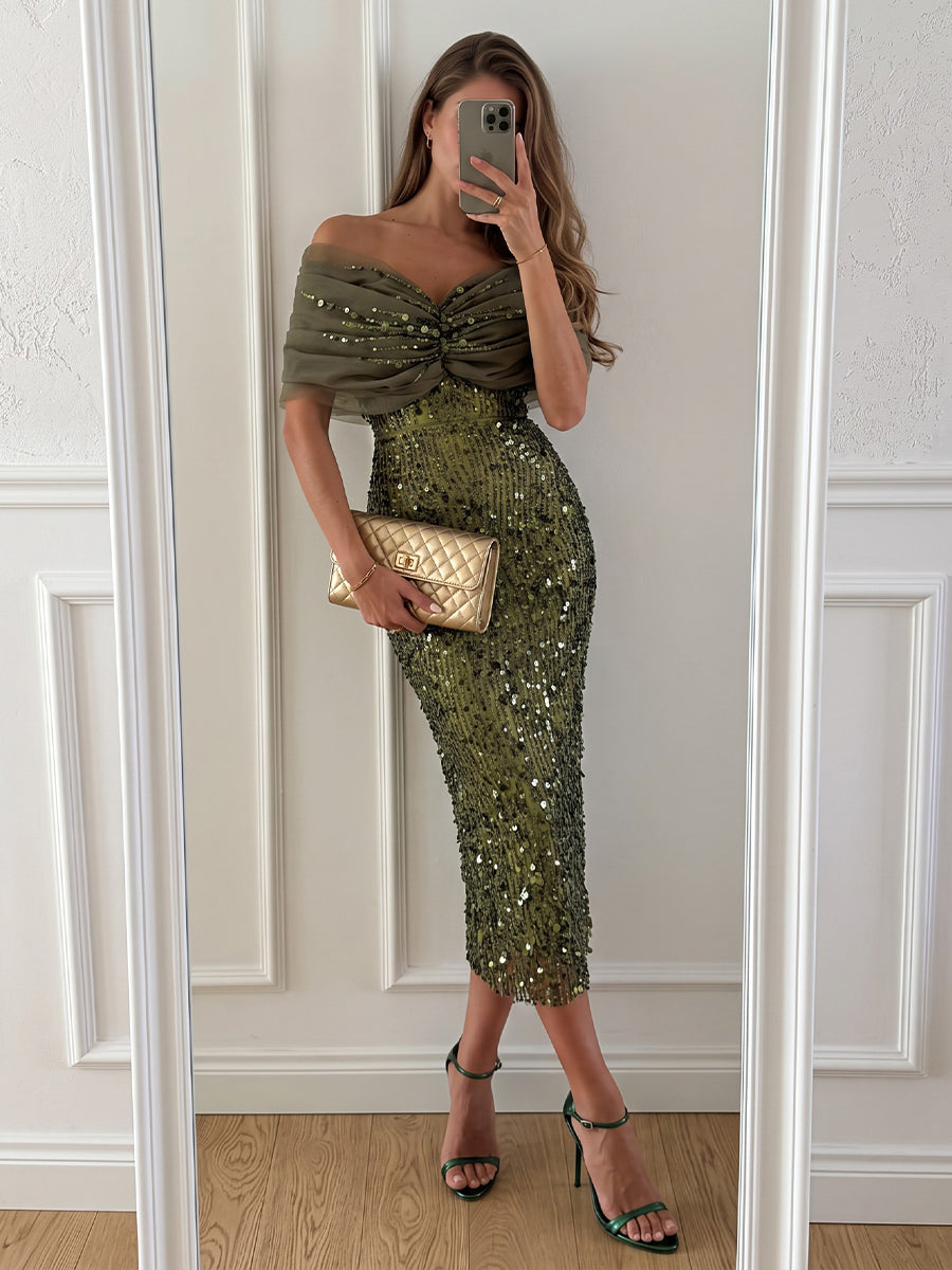 Sequin Sheath Off the Shoulder Ankle Length Bow Cocktail Dresses