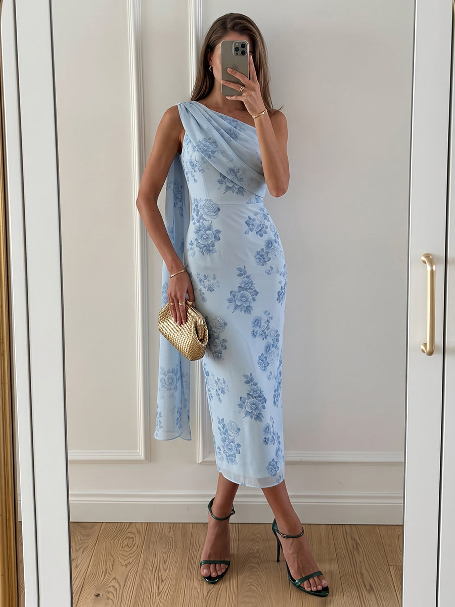 Tulle Sheath One Shoulder Ankle Length Sash Cocktail Dresses