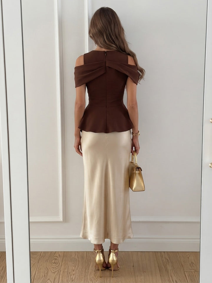 Satin Sheath Round Neck Ankle Length Off the Shoulder Cocktail Dresses