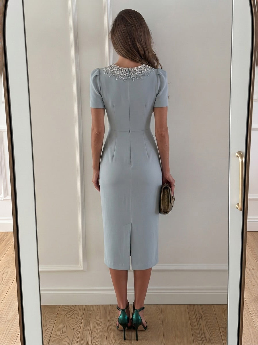 Satin Sheath Round Neck Tea Length Beading Cocktail Dresses
