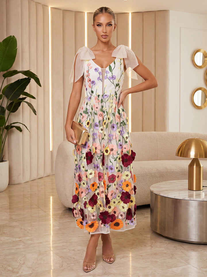 Lace Appliques Sheath V Neck Ankle Length Floral Embroidery Cocktail Dresses