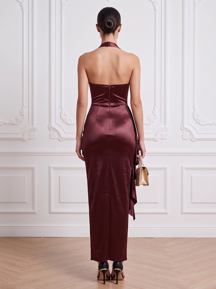 Satin Sheath Halter Ankle Length Ruffles Cocktail Dresses