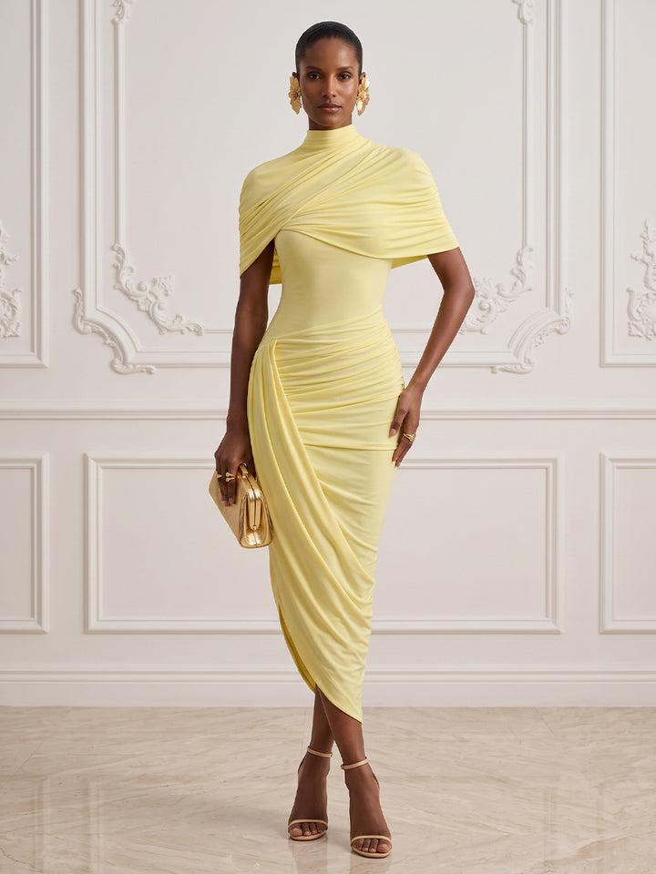 Chiffon Sheath High Neck Ankle Length Cape Cocktail Dresses