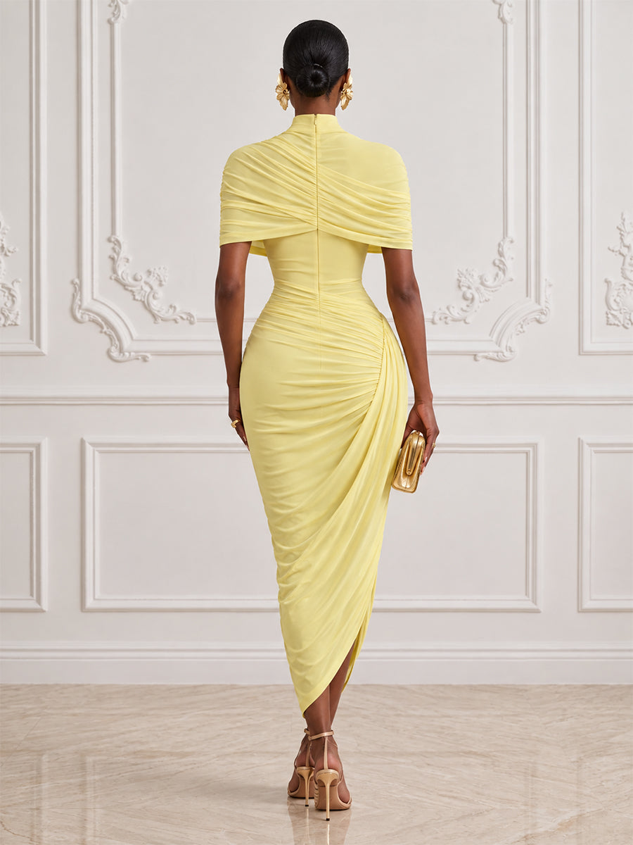 Chiffon Sheath High Neck Ankle Length Cape Cocktail Dresses