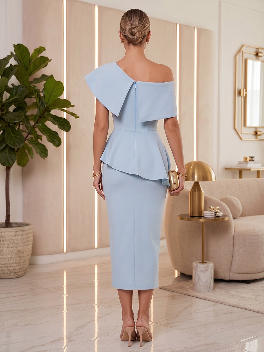 Satin Sheath Off the Shoulder Tea Length Bodycon Cocktail Dresses