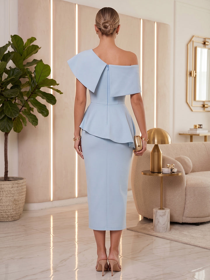 Satin Sheath Off the Shoulder Tea Length Bodycon Cocktail Dresses