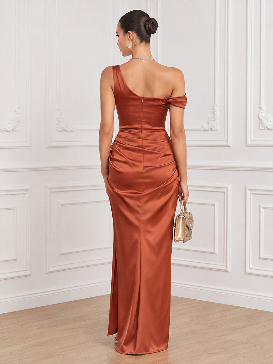 Satin Sheath Off the Shoulder Tea Length Slit Cocktail Dresses