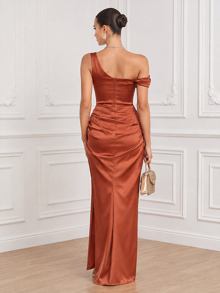 Satin Sheath Off the Shoulder Tea Length Slit Cocktail Dresses