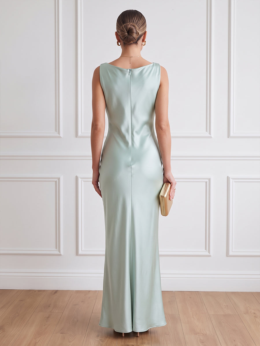 Satin Sheath Boat Neck Ankle Length Simple Cocktail Dresses