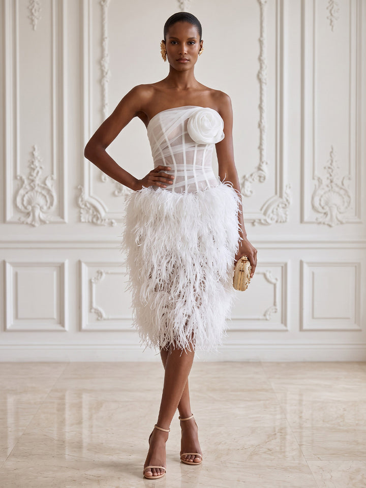 Tulle Sheath Strapless Tea Length Feather Cocktail Dresses