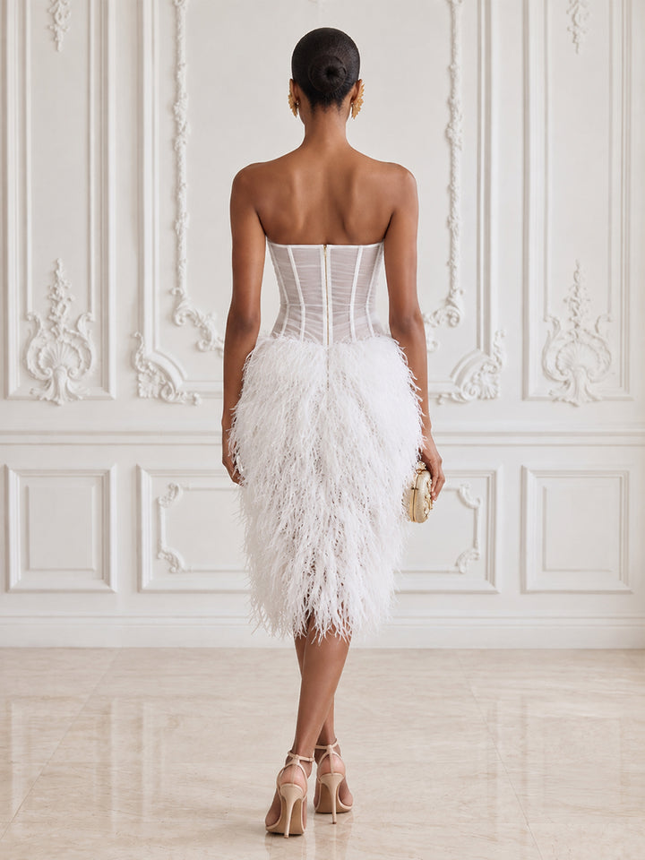 Tulle Sheath Strapless Tea Length Feather Cocktail Dresses