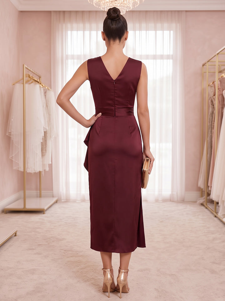 Satin Sheath V Neck Tea Length Ruffles Cocktail Dresses