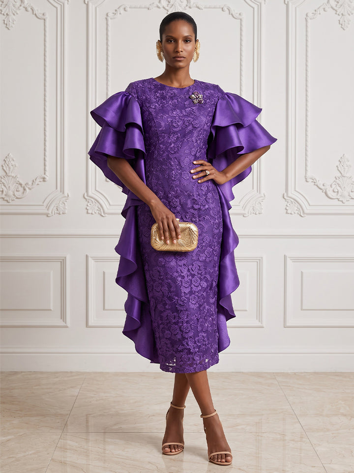 Lace Appliques Sheath Round Neck Ankle Length Ruffles Cocktail Dresses